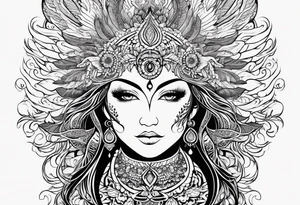 Tribal bohemian feminine impowering Phoenix rising with smoke, mandala sun, floral, lace background tattoo idea