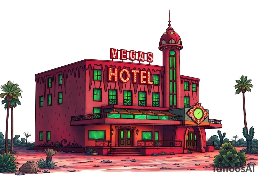 Tim Burton’s vegas sex hotel from outside viewis abandoned and dripping with muted reds, dusty pinks, and eerie green glow. tattoo idea tattoo idea