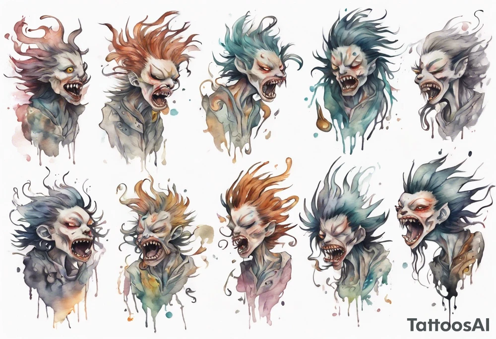 a thin creature walking upright with messy hair, white eyes, screaming tattoo idea