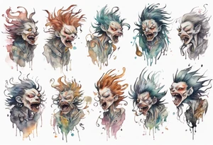 a thin creature walking upright with messy hair, white eyes, screaming tattoo idea
