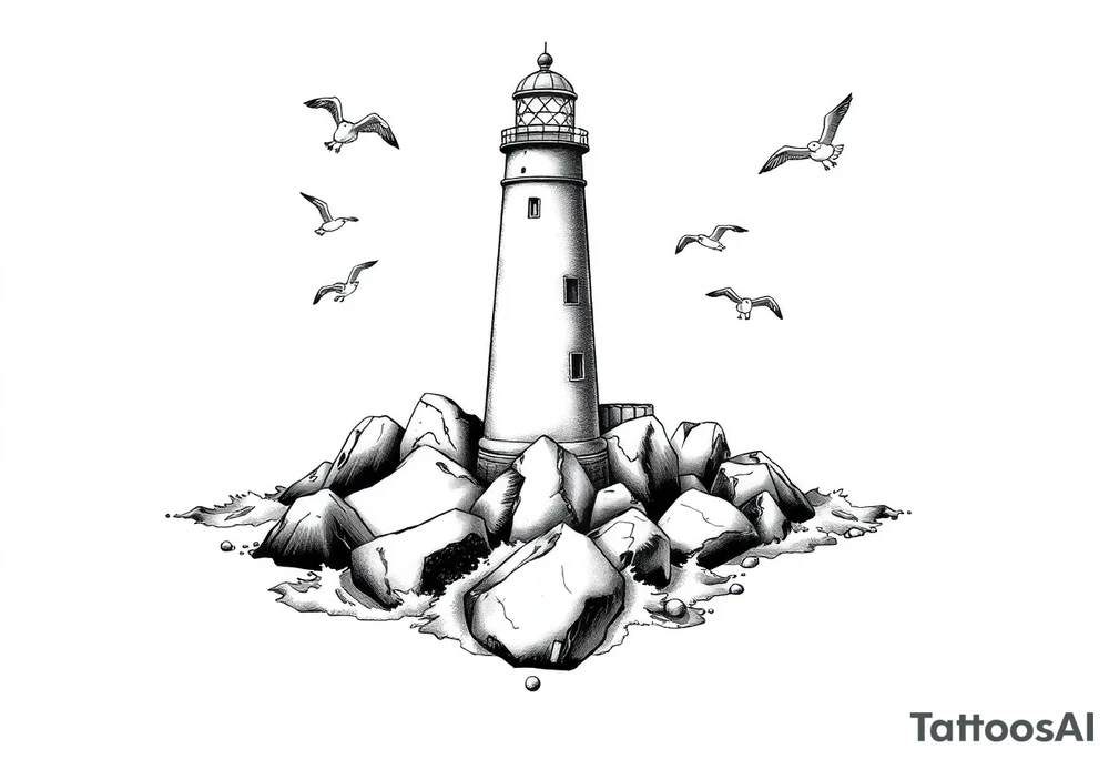 Lighthouse surrounded by a few boulders in the sea with high waves and seagulls flying around tattoo idea