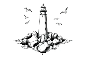 Lighthouse surrounded by a few boulders in the sea with high waves and seagulls flying around tattoo idea