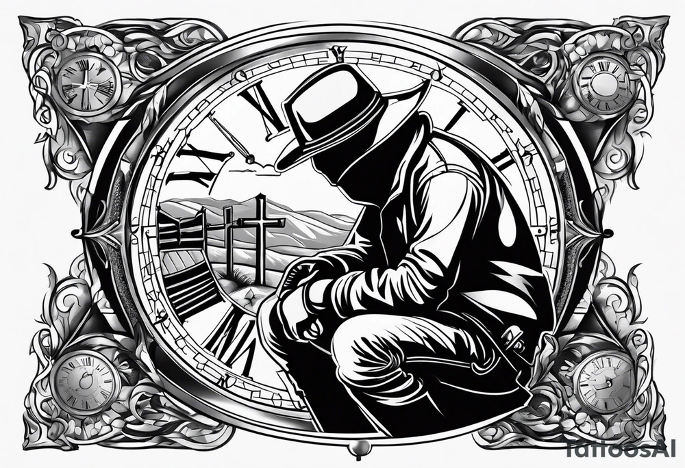 Welding hood on cross, sunshine, pocket watch with time, cowboy kneeling tattoo idea