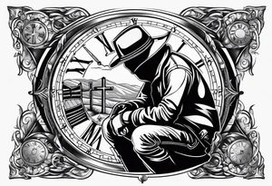 Welding hood on cross, sunshine, pocket watch with time, cowboy kneeling tattoo idea