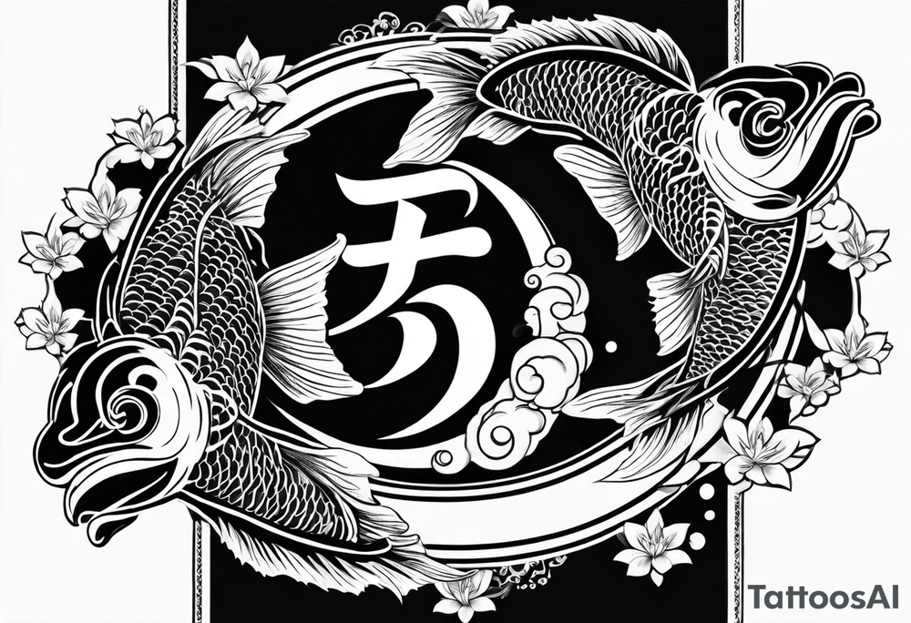 Two koi fish with the kanji letter for love in the middle tattoo idea