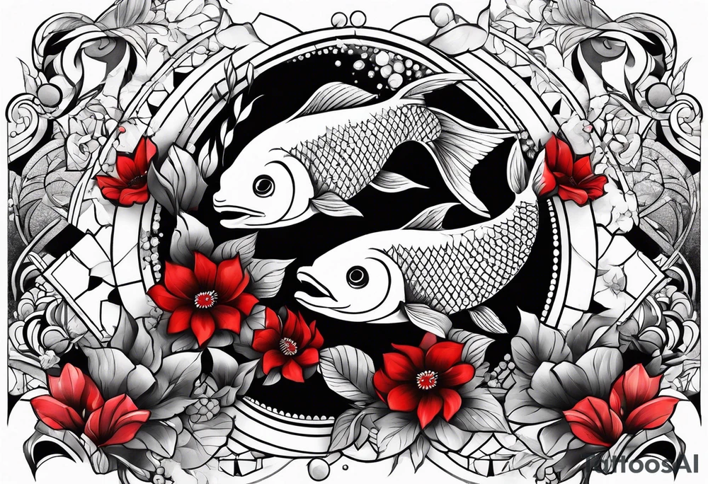pisces with black and red flowers with geometric designs tattoo idea