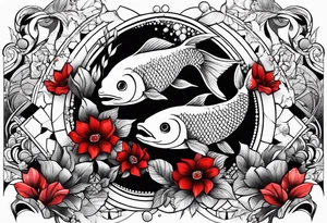 pisces with black and red flowers with geometric designs tattoo idea