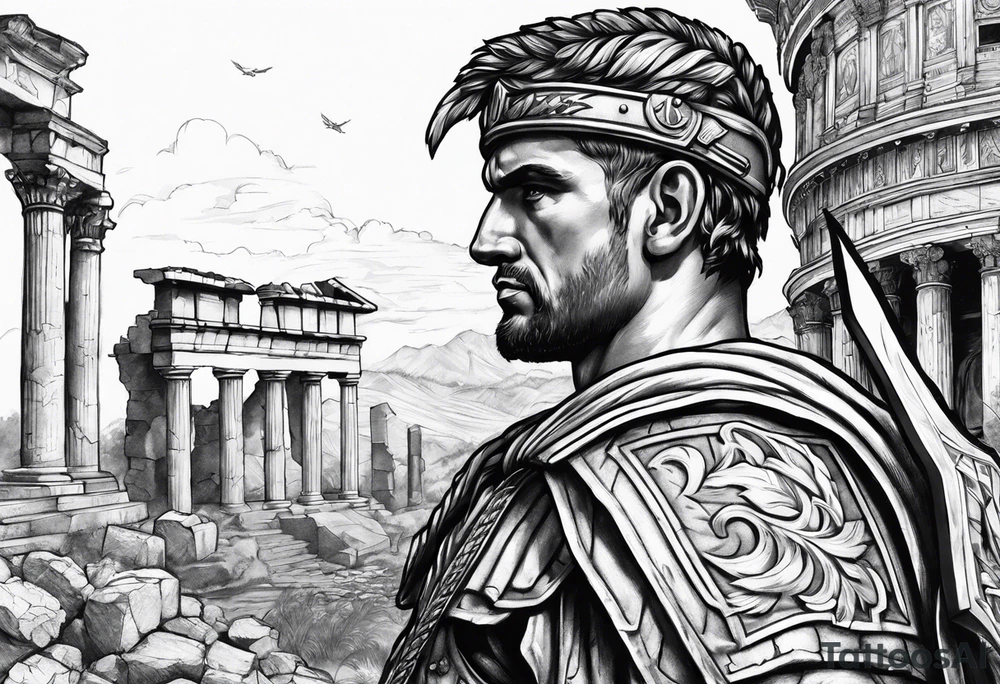 Roman Solider looking at ruins tattoo idea