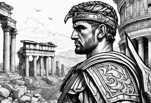Roman Solider looking at ruins tattoo idea