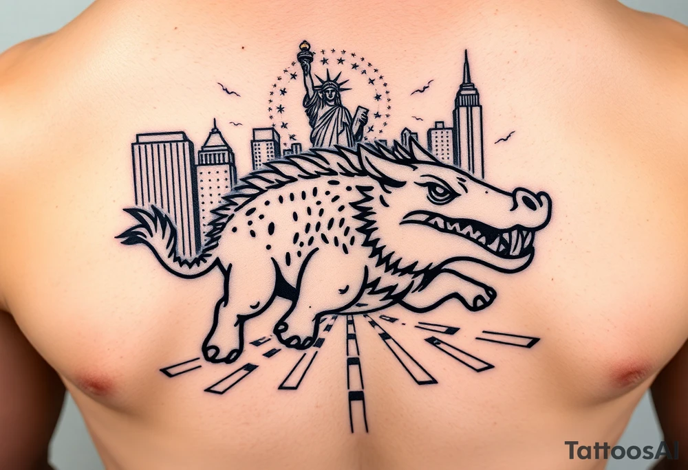 Arkansas razorback running through the streets of New York City with the Statue of Liberty in the background tattoo idea