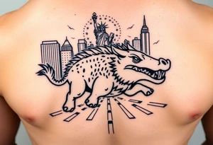 Arkansas razorback running through the streets of New York City with the Statue of Liberty in the background tattoo idea