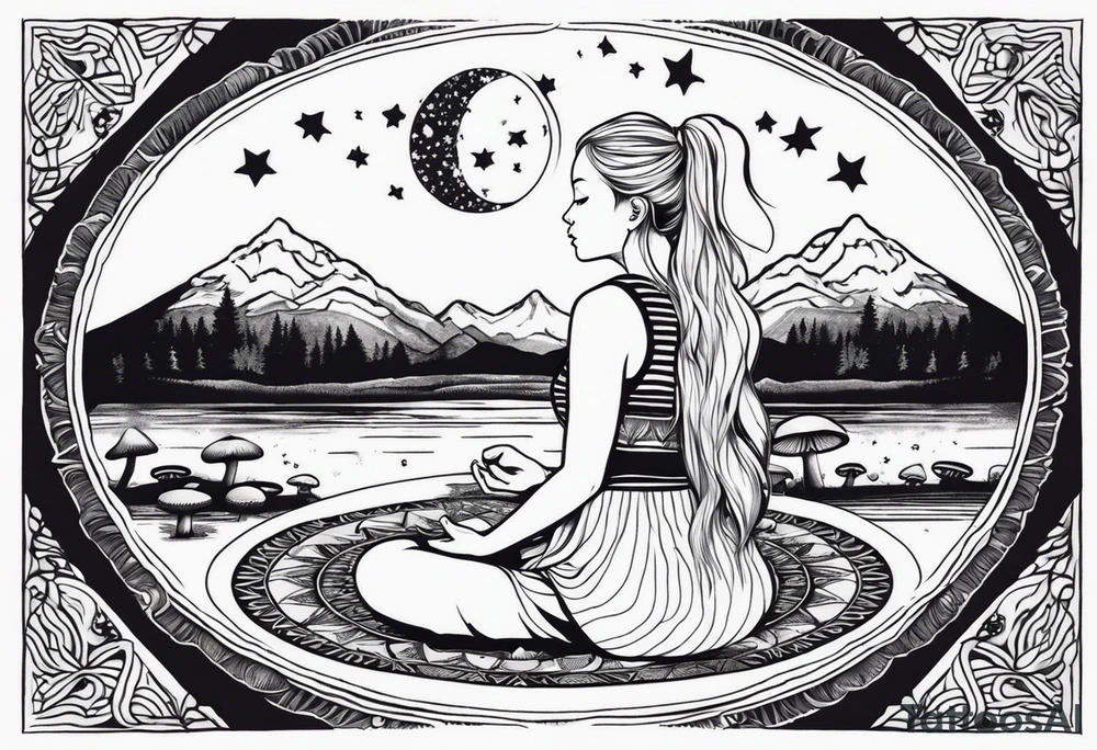 Straight blonde hair girl meditating facing away toward mountains surrounded by mushrooms crescent moon mandala circular design black and white striped dress tattoo idea