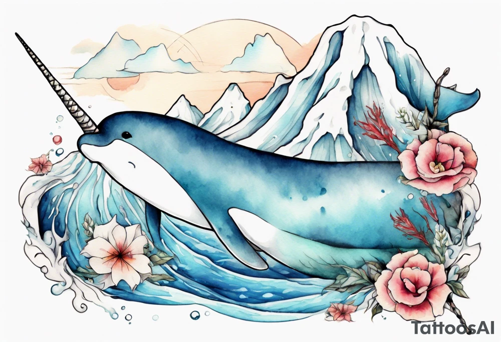 a narwhal swimming near and iceberg tattoo idea