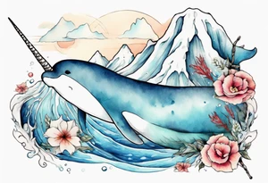 a narwhal swimming near and iceberg tattoo idea