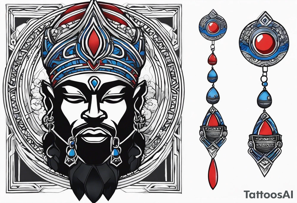 Black-skinned african god of war with a small silver crown, no armor, and two ball necklaces: one blue, other red tattoo idea