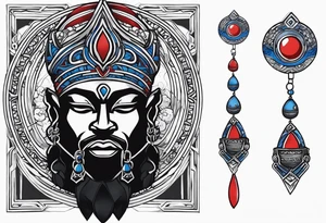 Black-skinned african god of war with a small silver crown, no armor, and two ball necklaces: one blue, other red tattoo idea