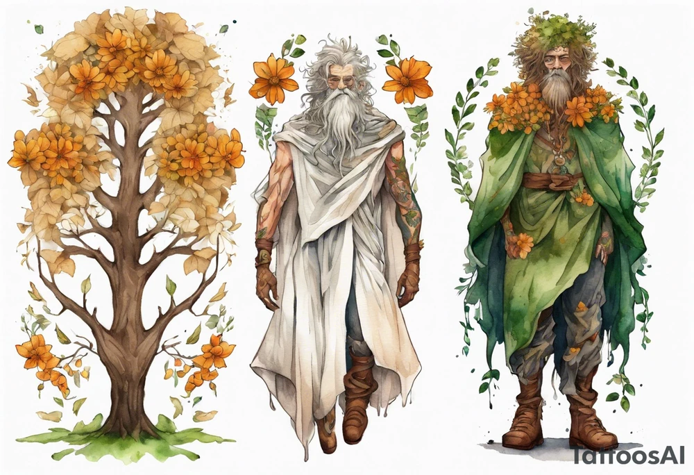 A tall, beautiful old tree-man hybrid with leafy hair and a cloak made of flowers. Wearing brown mukluks. tattoo idea