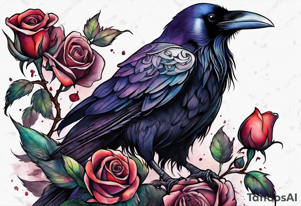 Raven holding  rose   by stem tattoo idea