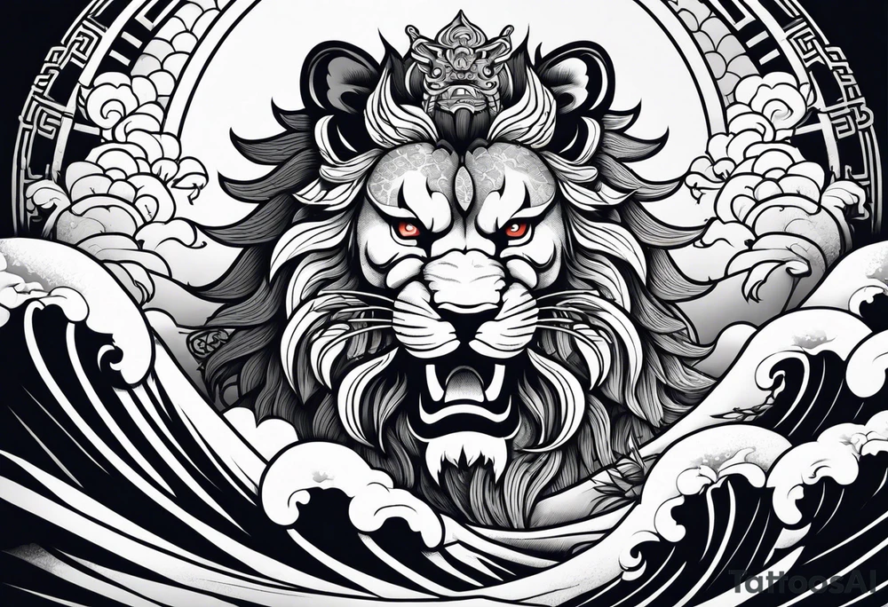 japanese lion wearing samurai with big wave on baclground tattoo idea