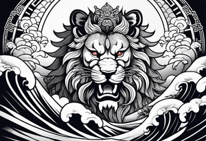 japanese lion wearing samurai with big wave on baclground tattoo idea