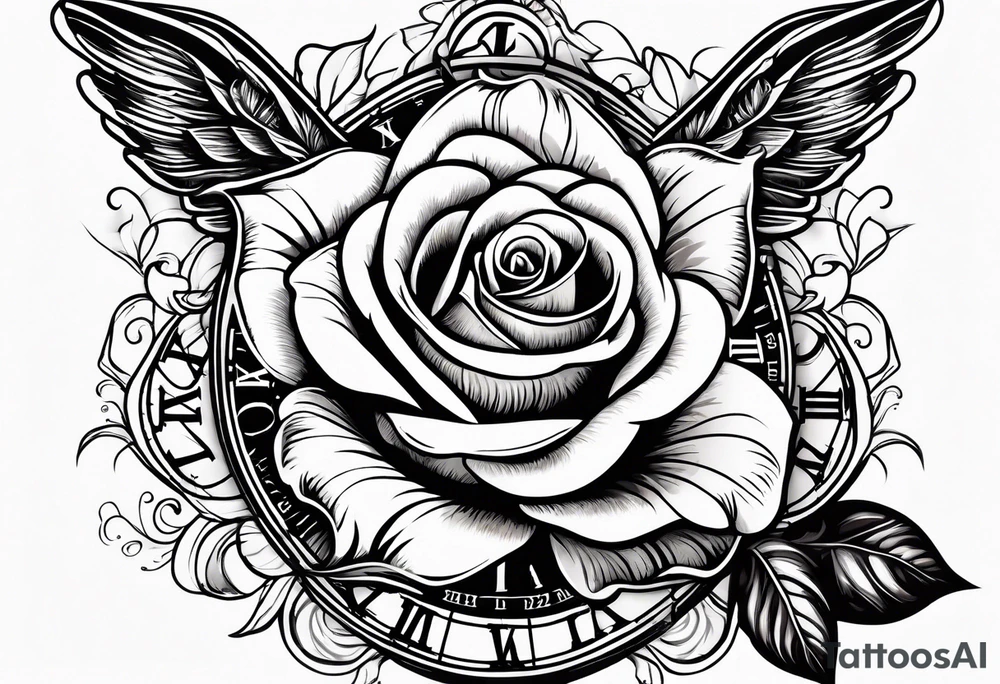 rose, sun light, dove, clock, and text box tattoo idea