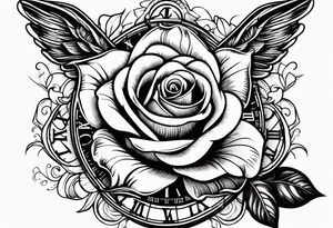 rose, sun light, dove, clock, and text box tattoo idea