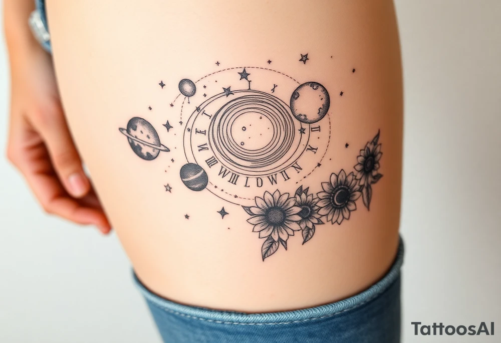Milky way galaxy with planets with zodiac symbols and protection runes in it with tigerlillies roses and sunflowers tattoo idea