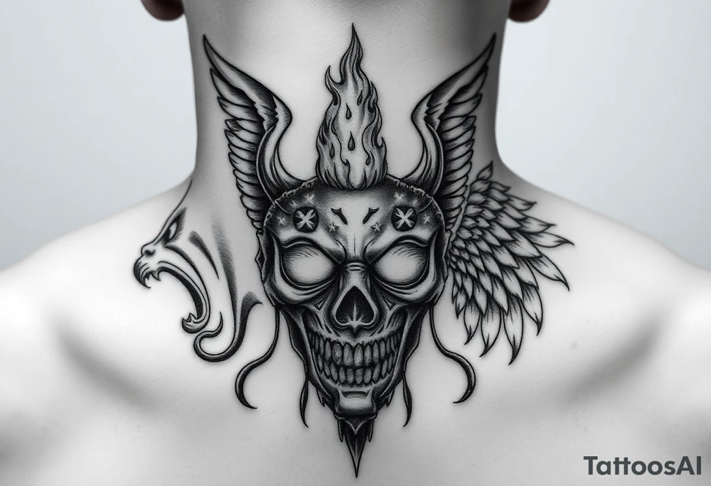 Realistic neck tattoo design. On one side, near one ear, a screaming demon facing inward. On the other side, near the other ear, a screaming angel facing the demon. Between them, in the center of the front neck, a cracked ancient mask with fire and light emerging from inside, symbolizing inner conflict and balance between good and evil. Highly detailed black and grey style, fine line shading, symmetrical, intense emotion, realistic texture. tattoo idea