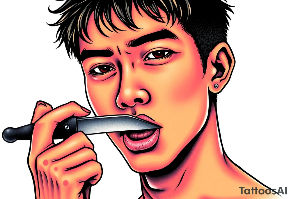 Handsome Asian young guy cutting his lip with a blade tattoo idea