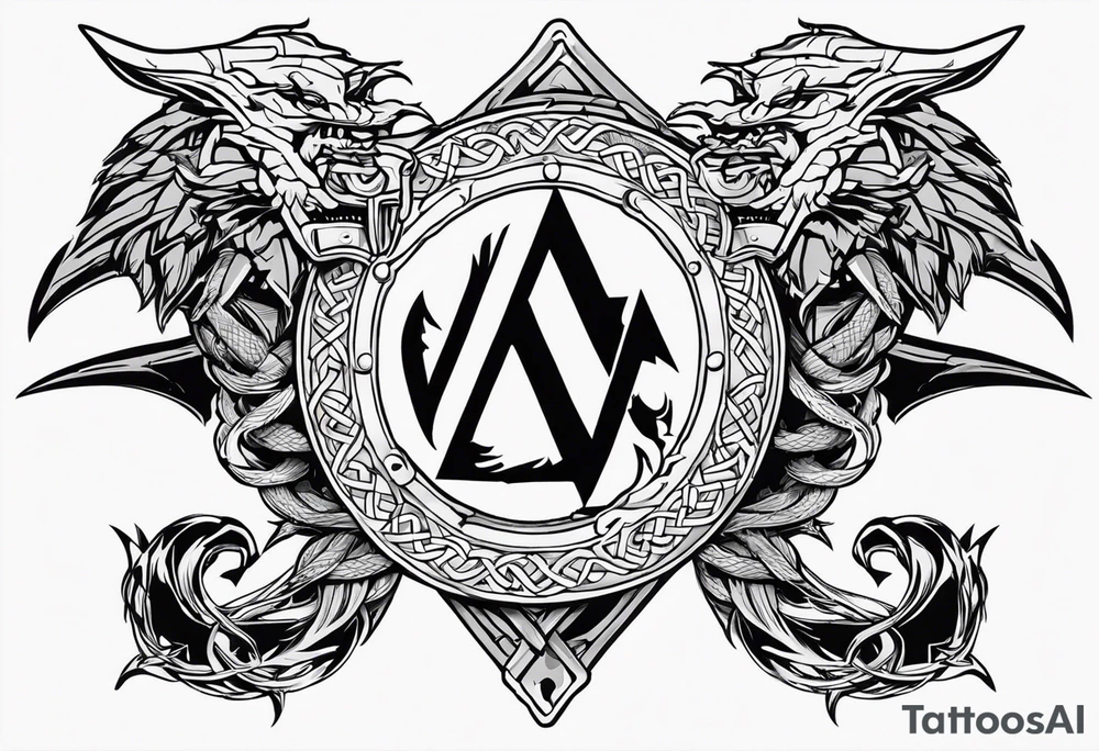 Valhalla sword shield dragon axe Valknut barbed wire chains tattoo idea Valhalla sword shield dragon axe Valknut barbed wire chains tattoo idea