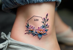 Small Feminine simple Dotted Line hexagon with Leo astrological symbol surrounded by larkspurs and water lilies tattoo idea