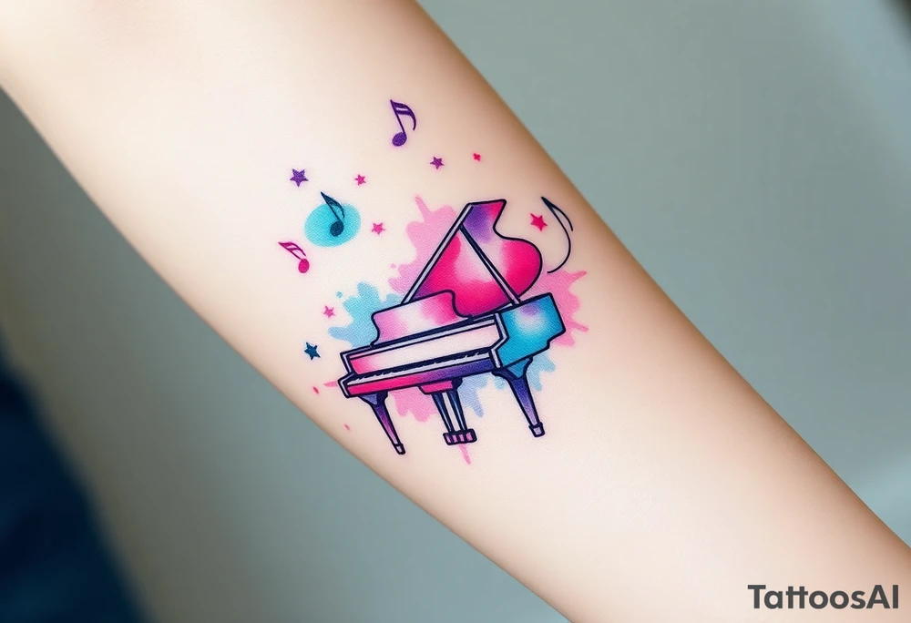 grand piano under stars and music notes pink,violet,teal color tattoo idea