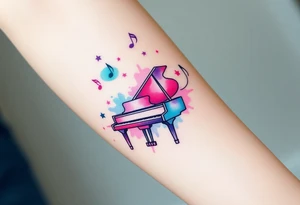grand piano under stars and music notes pink,violet,teal color tattoo idea