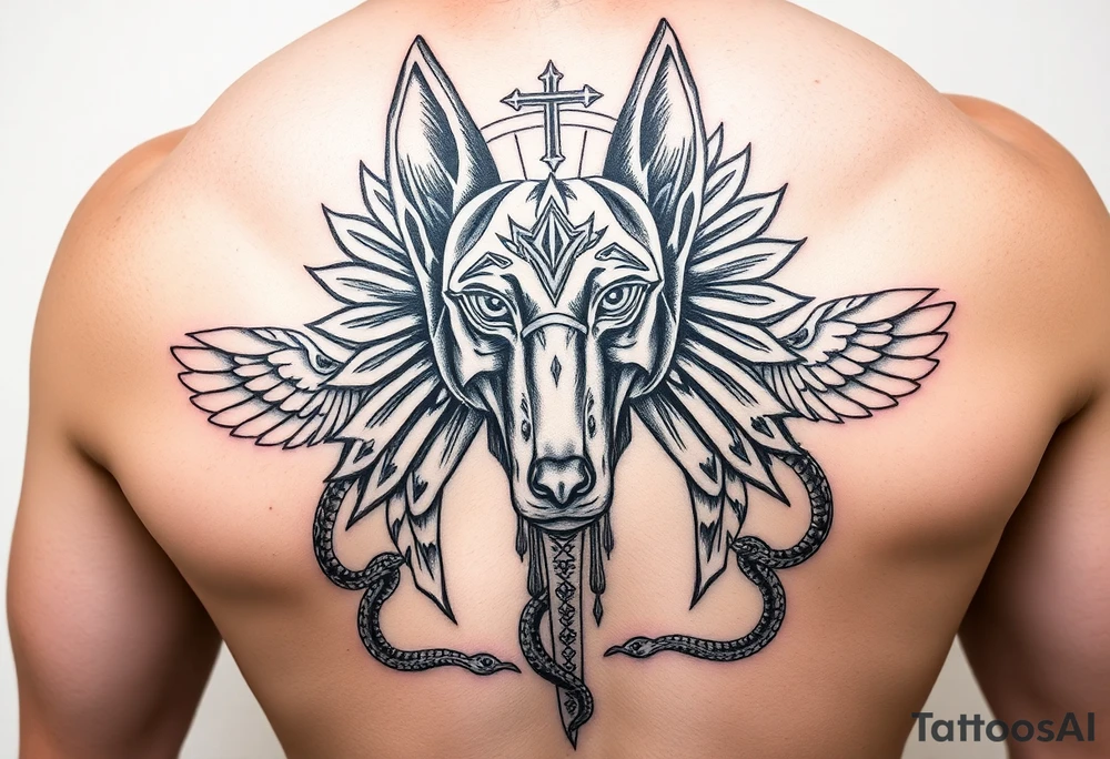 Egyptian Anubis god face muscle in Egypt style dog face surrounded Egyptian symbols and snakes tattoo idea