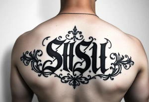 'SISU' in bold Blackletter/Chicano script with deep black shading. Surrounded by ornate gangster-style filigree in black and grey realism, with fine-line details and smooth shading for depth tattoo idea