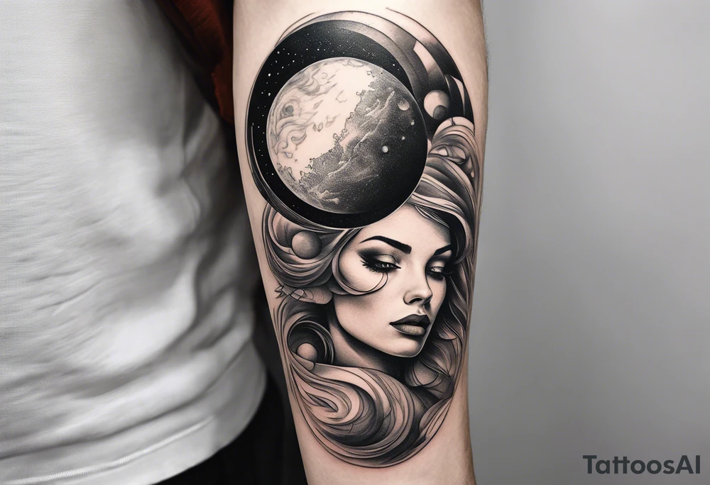 A surrealistic forarm tattoo featuring beautiful woman’s face holding a planet in her hand. Above her head is a man being lifted up into a black hole tattoo idea