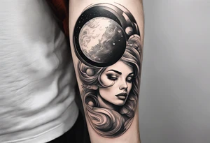 A surrealistic forarm tattoo featuring beautiful woman’s face holding a planet in her hand. Above her head is a man being lifted up into a black hole tattoo idea