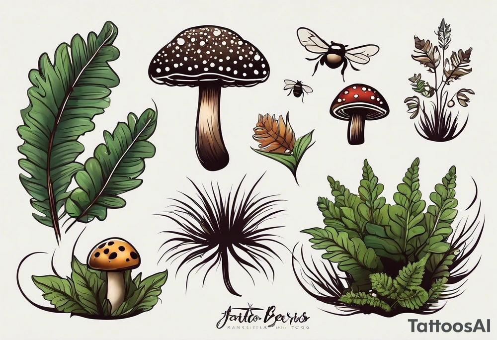 minimalistic forest floor inspired tattoo, which includes grass, moss, curly ferns and dead leaves as the bulk of the tattoo. details to include: forest berries, couple of very small brown mushrooms, a tiny bumblebee flying nearby tattoo idea