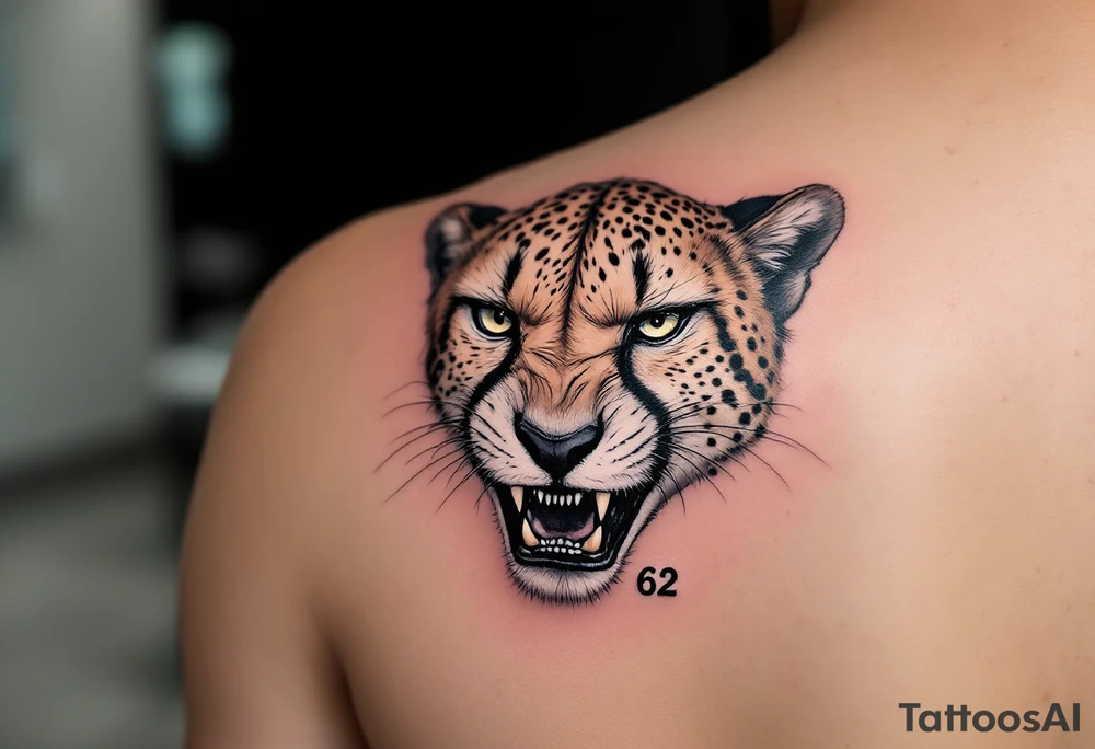 angry cheetah with the number 62 tattoo idea