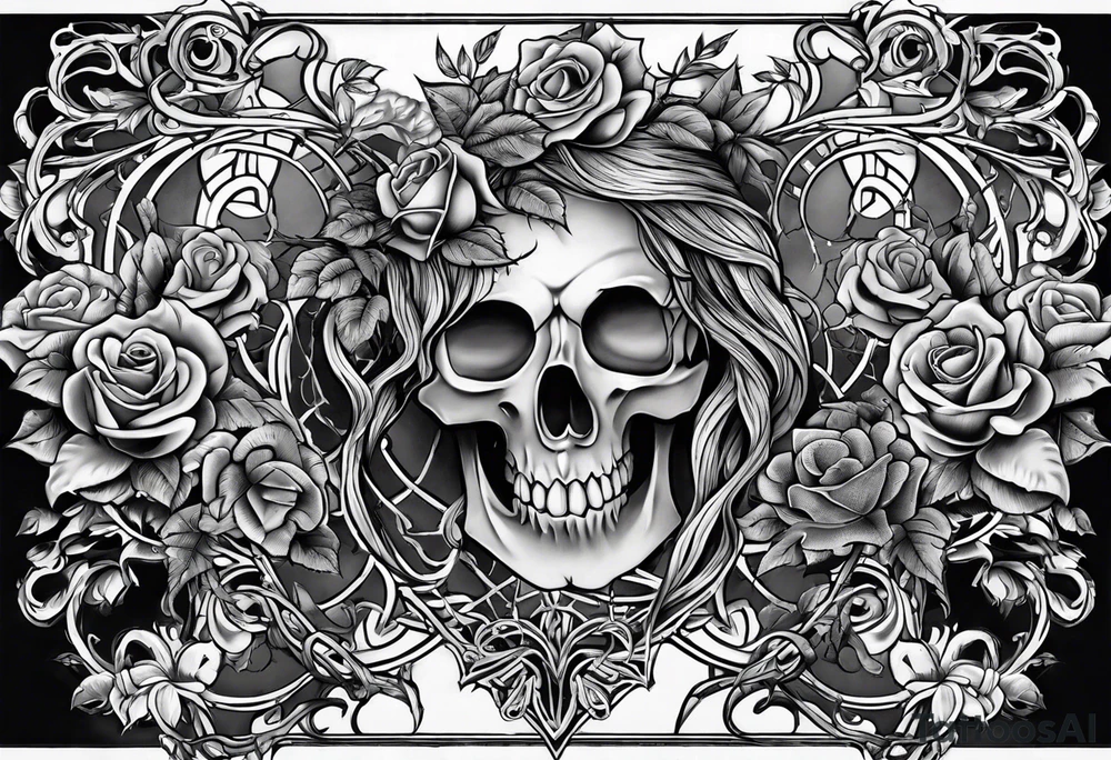 tattoo fool sleeve, old broken gothic home, broken sword, tree roots break out of the chains, roses tattoo idea