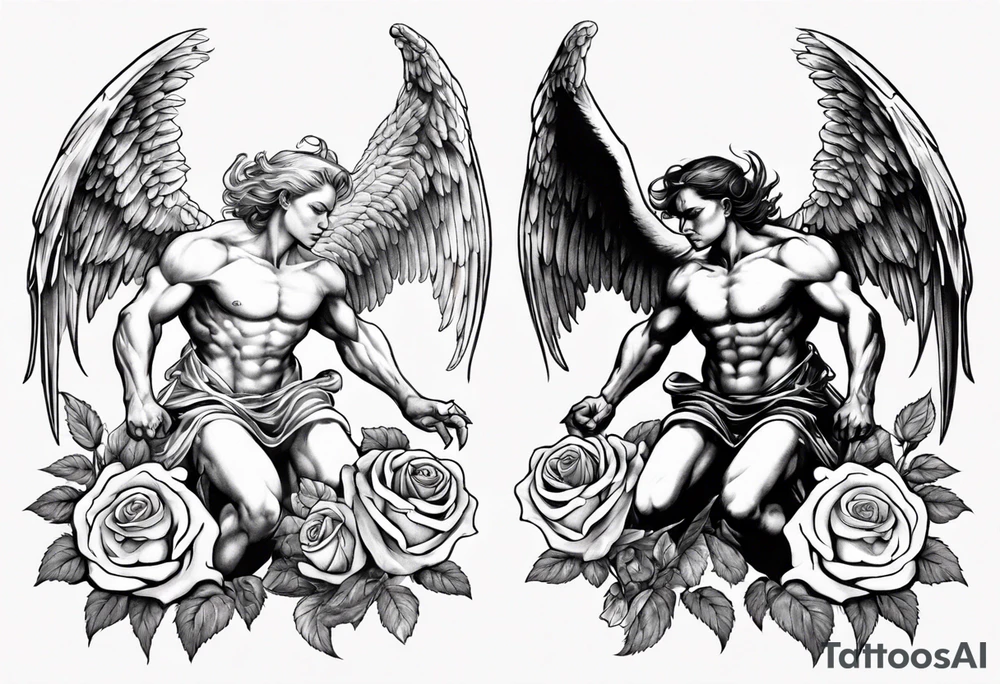 Archangel fighting a demon with roses tattoo idea