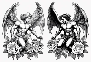 Archangel fighting a demon with roses tattoo idea