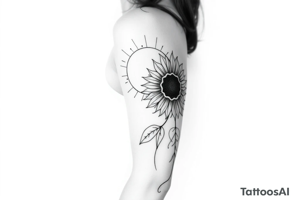 Shining Mystical sun with long  leaning sunflower sun tattoo idea
