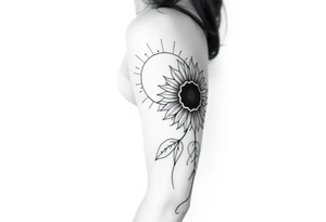 Shining Mystical sun with long  leaning sunflower sun tattoo idea