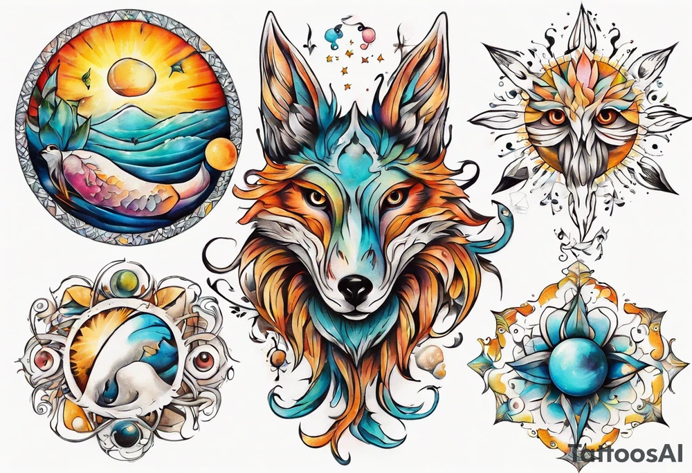 fisch, fuchs und eule , symetrie  sonne, universum, bunt, " sapere aude" tattoo idea