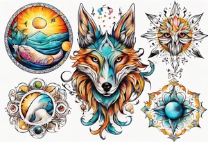 fisch, fuchs und eule , symetrie  sonne, universum, bunt, " sapere aude" tattoo idea