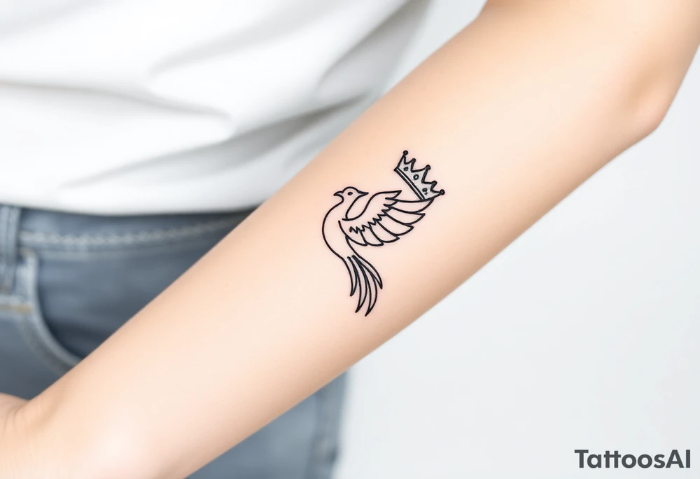 Minimal phoenix and crown fine lines tattoo idea