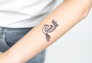 Minimal phoenix and crown fine lines tattoo idea