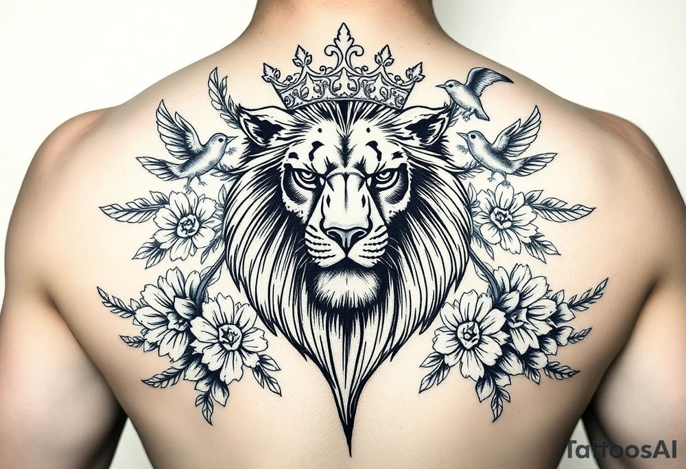 powerful majestic lion with a crown, surrounded by floral ornaments and birds tattoo idea