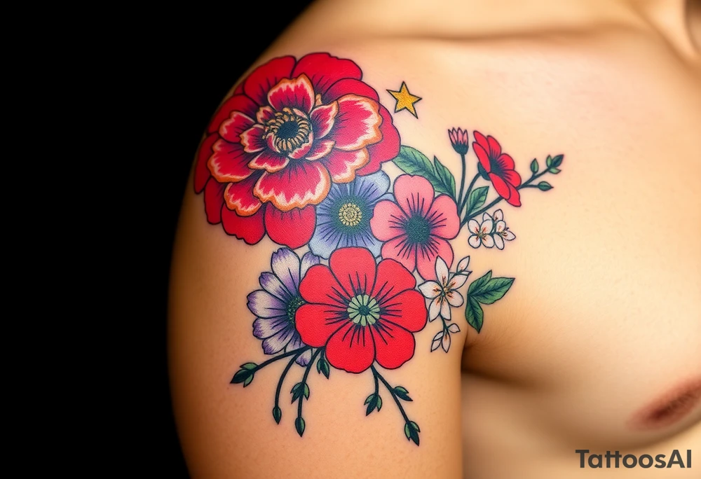 Upper left arm, wrapping slightly from the shoulder to the mid-upper arm, ending at the natural mid-arm curve.

Top center: Large red carnation
Left side: Purple pansy above a blue cosmos flower
Right side: Pink cosmos above a red cosmos
White flowers:
3 between the purple and blue flowers
2 below the pink/red flowers
3 on the branch extending from the right side of the carnation
2 on a branch connecting from the right side of the carnation to the top of the purple pansy
(bouquet)
Neo-Traditional with Realism influence
Bold, clean black outlines
Flat, rich color gradients
Realistic flower detailing: natural petal texture, realistic shading, and depth
Flowing, realistic green branches and leaves
Fine black dots and small line accents
Small gold star next to the top red carnation

Warm brown skin tone tattoo idea